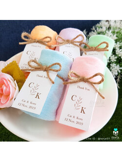 ของชำร่วยแต่งงาน ผ้าลายหมีพร้อมหูหิ้ว สีพาสเทล ป้ายชื่อผูกโบว์เชือกป่าน 💕เริ่มต้น 13 บาท💕 ผ้าขนาด 30x30 cm