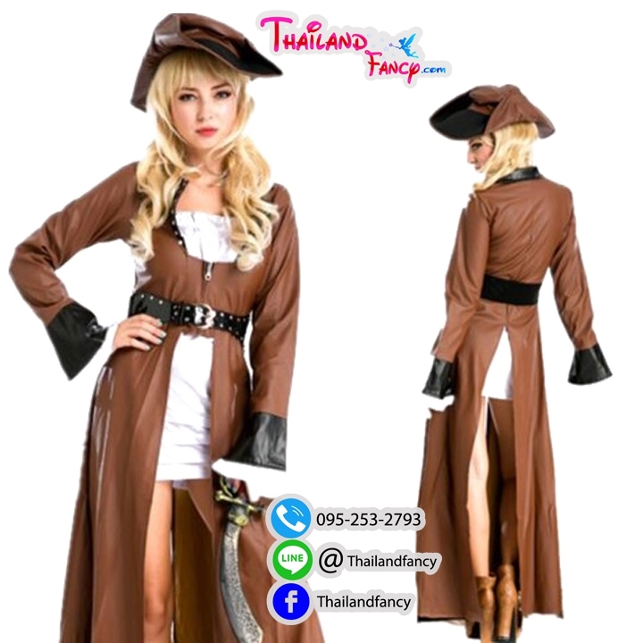 ชุดเช่าแฟนซีผู้หญิง ชุดโจรสลัดสาว แจ็ค สแปร์โรว์หญิง Pirate of the Caribbean Cosplay โจรสลัดหนังเทียมสีน้ำตาลอ่อน