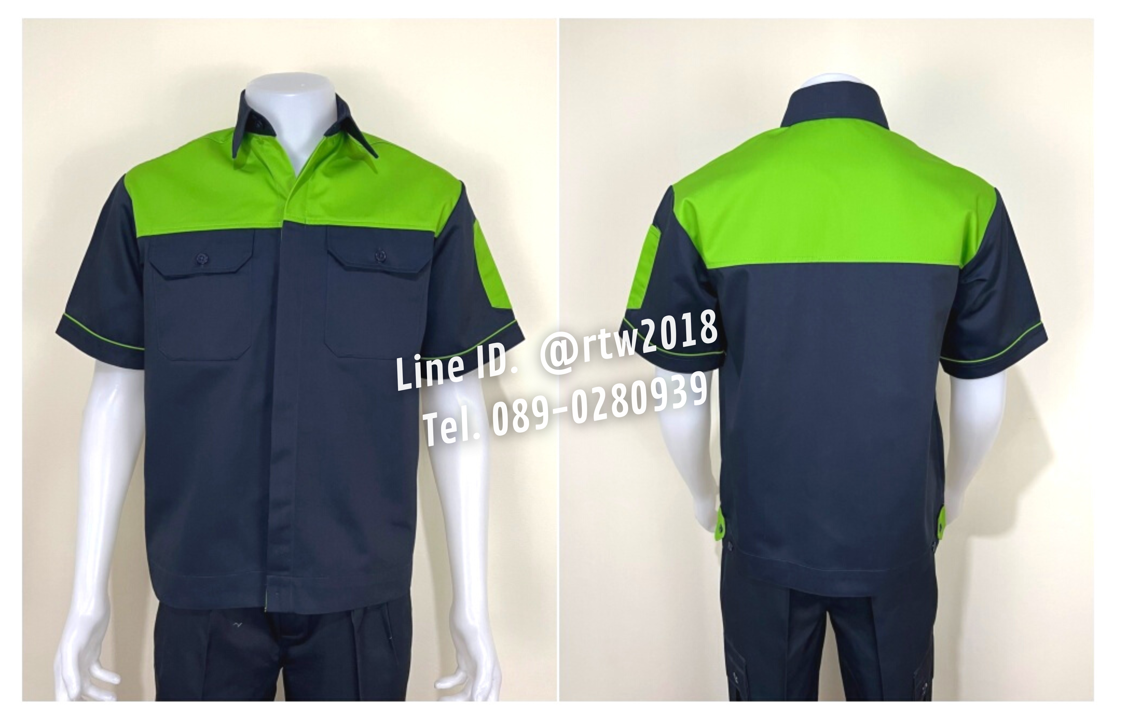 รหัส A9.3 : เสื้อช่างแขนสั้นผ้าคอมทวิวกรมท่าอกเขียวอ่อน (ซ่อนสาบ)