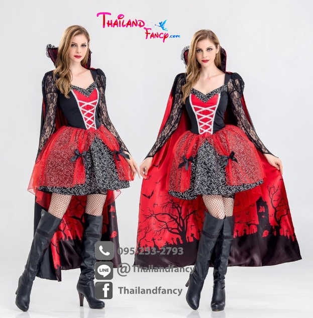 ชุดแฟนซีแวมไพร์ ชุดคอสเพลย์แวมไพร์ ชุดแวมไพร์หญิง ชุดสาวแวมไพร์ ชุดแดร็กคูล่าหญิง ชุดสาวแดร็กคูล่า ชุดฮาโลวีน ชุดผีดิบ ชุดผีแดร็กคูล่าดำแดง พร้อมผ้าคลุมหลัง