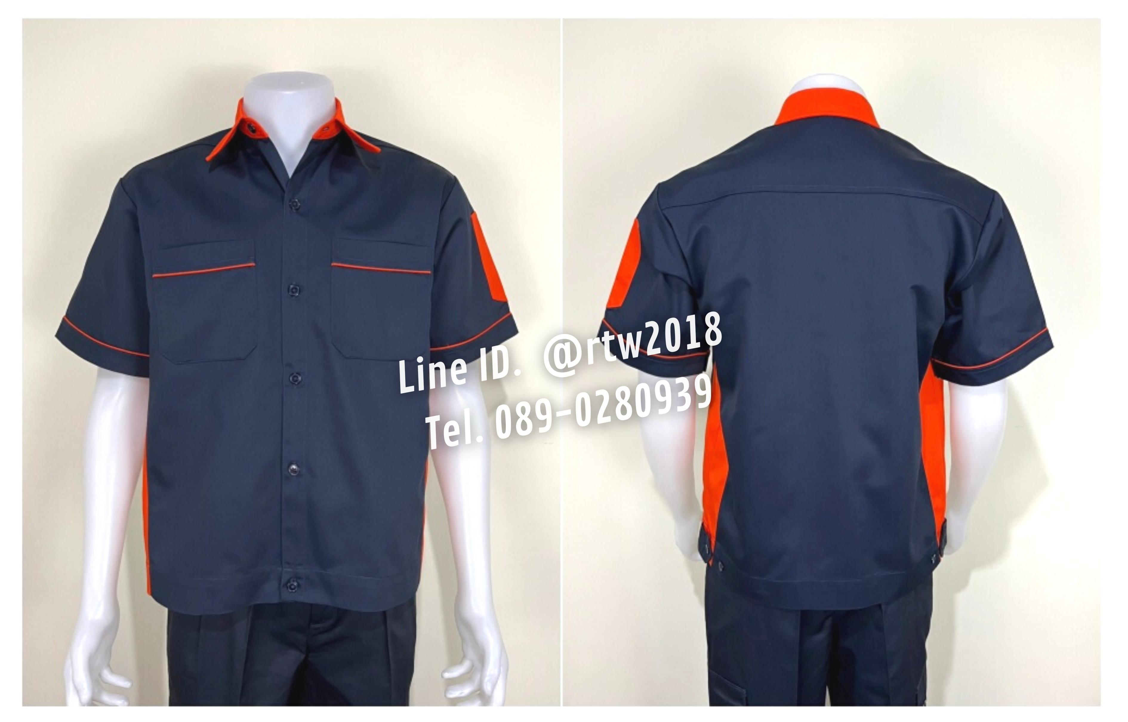 รหัส A12.9 : เสื้อช่างแขนสั้นผ้าคอมทวิวสีกรมท่าข้างส้ม