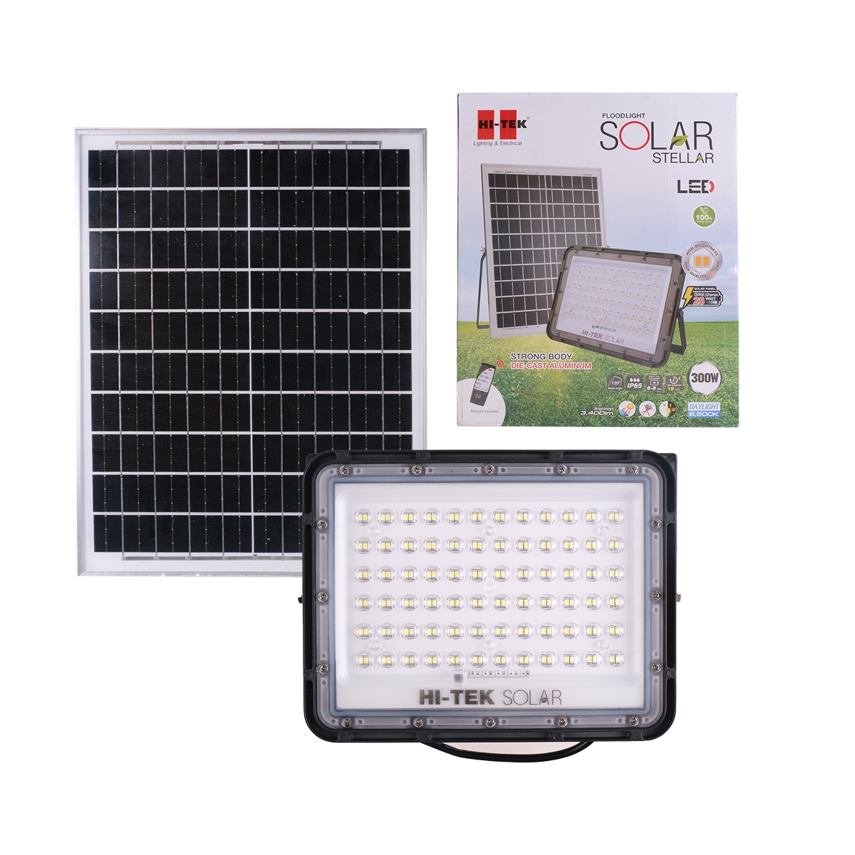HI-TEK โคมฟลัดไลท์โซล่าเซลล์ LED 300 วัตต์ สีเทา (Day Light)