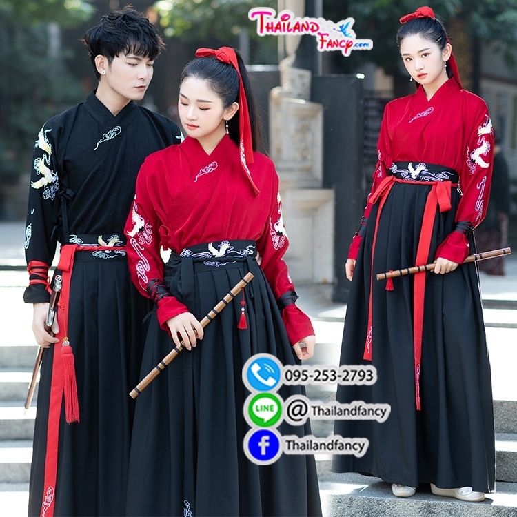 ชุดเช่าแฟนซีผู้หญิง เช่าชุดจอมยุทธ์ผู้หญิง ชุดจีนโบราณหญิง ชุดเจ้ายุทธภพ ชุดเจ้ายุทธจักร ชุดจีนกำลังภายใน ชุดเช่าจอมยุทธจีนเสื้อสีแดงแต่งลายปักโปรงดำ