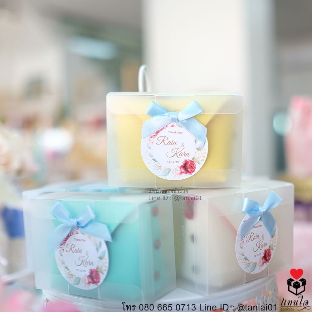 ของชำร่วยงานแต่งงาน กระเป๋าใส่เหรียญสีพาสเทล ติดสติ๊กเกอร์ป้ายชื่อ และโบว์ เลือกสีโบว์ตามธีมงานได้จ้า