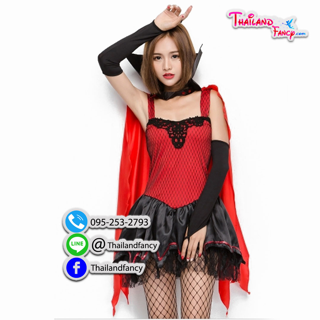 ชุดแฟนซีแวมไพร์ ชุดคอสเพลย์ ชุดเดวิล ชุดซอมบี้ผู้หญิง ชุดฮาโลวีน Vampire Girl Costume ชุดปีศาจสาว ชุดเซ็กส์ซี่แวมไพร์สายเดียวแดงโปรงดำ
