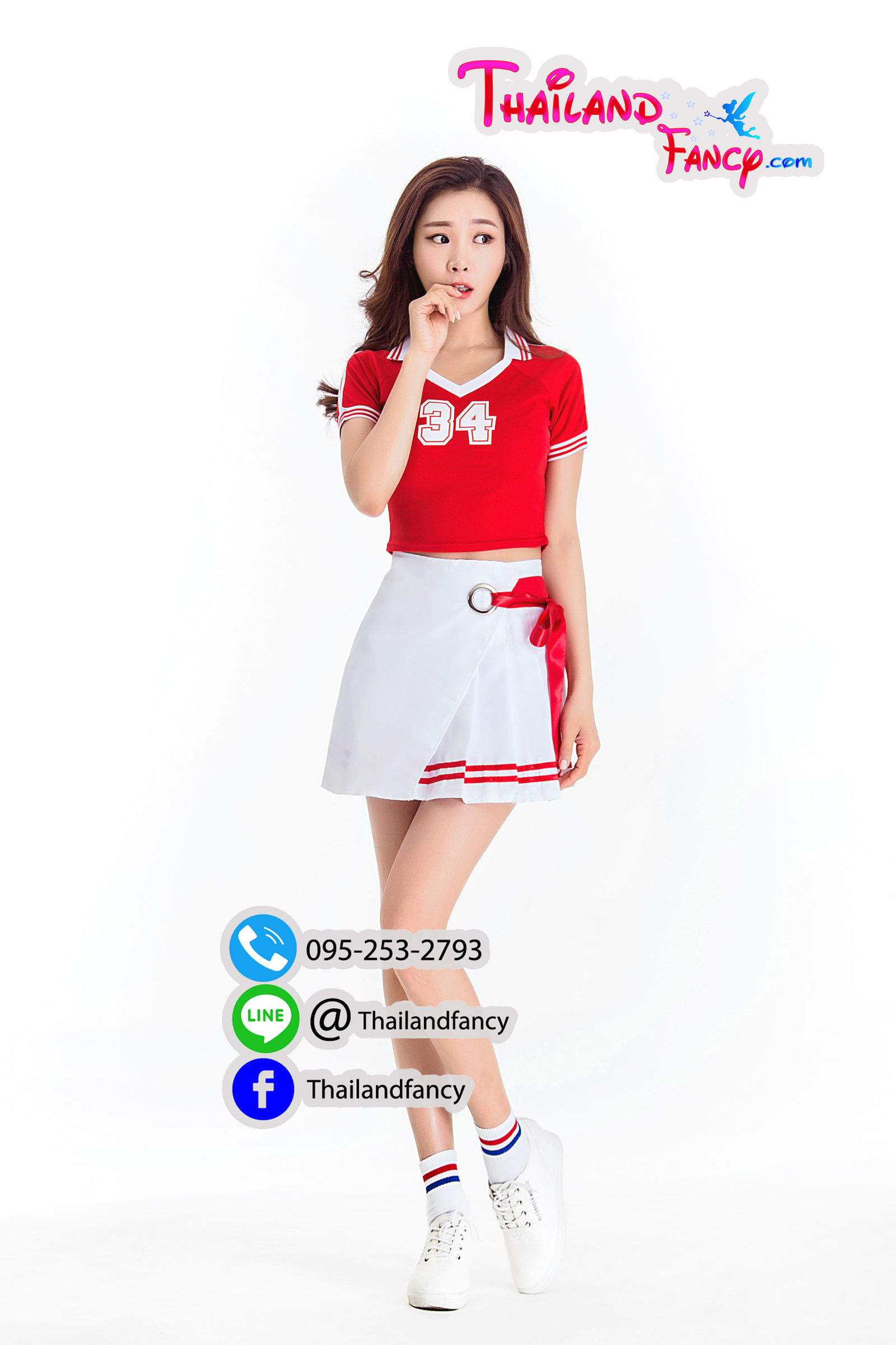 ชุดแฟนซีปอมปอมเชียร์ ชุดเชียร์ลีดเดอร์ Cheerleader Pom Poms Cosplay ชุดวงเกาหลี ชุดเชียร์กีฬาสีแดงโปรงขาวผูกโบว์