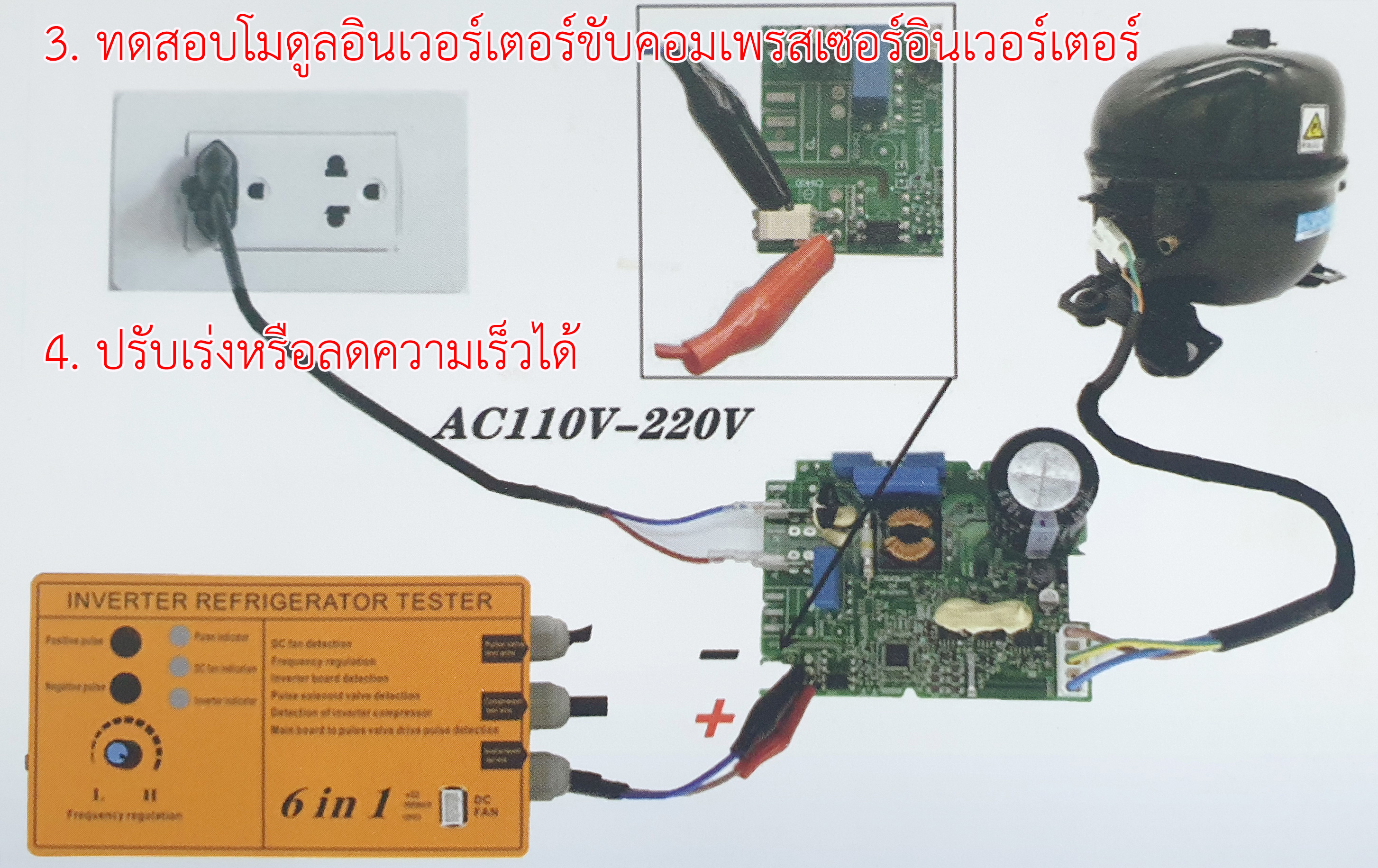 6in1 เครื่องมือทดสอบคอมเพรสเซอร์ตู้เย็นระบบอินเวอเตอร์ (เพิ่มฟังค์ชั่นการเช็คพัดลม 12VDC)