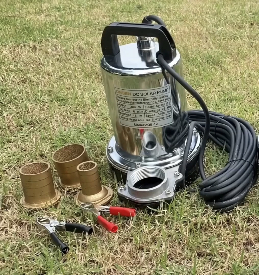 ไดโว่แสตนเลส ยี่ห้อ Onsen 12V ท่อเหลือง 3 ขนาด 1”, 1.5”, 2” สายยาว 10 เมตร แถมตัวคีบแบต 1 คู่