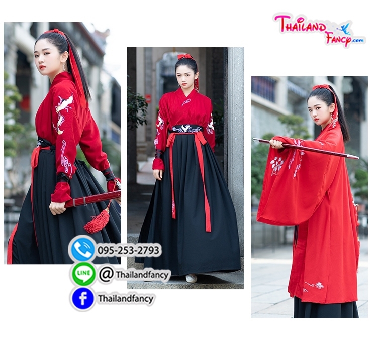 ชุดเช่าแฟนซีผู้หญิง เช่าชุดจอมยุทธ์ผู้หญิง ชุดจีนโบราณหญิง ชุดเจ้ายุทธภพ ชุดเจ้ายุทธจักร ชุดจีนกำลังภายใน ชุดเช่าจอมยุทธจีนเสื้อสีแดงแต่งลายปักโปรงดำ