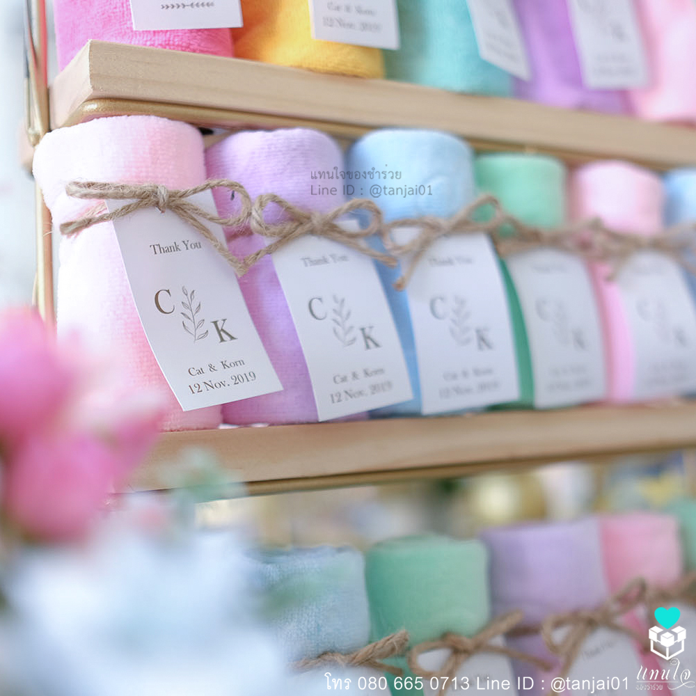ผ้าหมีเล็ก ของชำร่วยงานแต่งงาน แพ็คเกจผูกเชือกป่าน ป้ายชื่อ สีเขียว ชมพู ม่วง ฟ้า 04