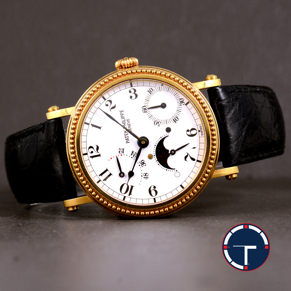 Patek Philippe Power Reserve Moon Complications Ref.5015j หน้ากระเบื้อง ตัวเรือนทอง18k หลังเปลือย ฝาหลังเปิดได้ สายหนังแท้ หัวเข็มขัดแท้ Automatic ขนาด 35 mm