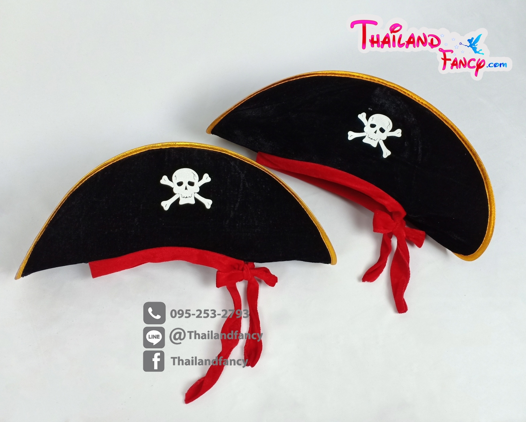 อุปกรณ์คอสเพลย์ อุปกรณืแฟนซี หมวกแฟนซีโจรสลัด หมวกโจรแคริเบียน Pirate Hat Cosplay หมวกโจรสลัดรุ่นกำมะหยี่ดำสายแดง