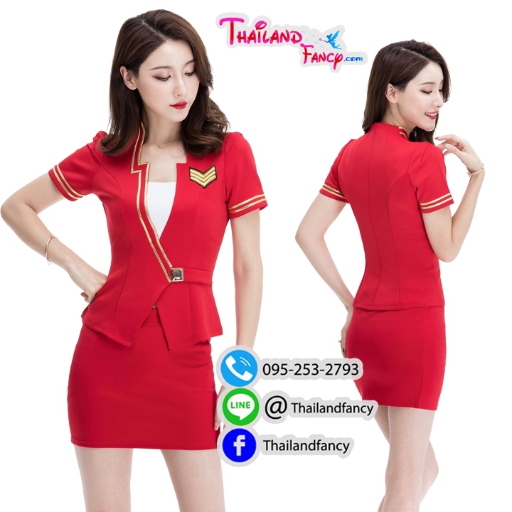 ุชุดคอสเพลย์ Airhostess Costume ชุดอาชีพในฝัน ชุดพีอาร์ ชุดพนักงานต้อนรับ ชุดยูนิฟอร์ม สาวแอร์โฮสเตสสีแดงคอแหลมหยักมีซับเกาะอกขาวในตัว