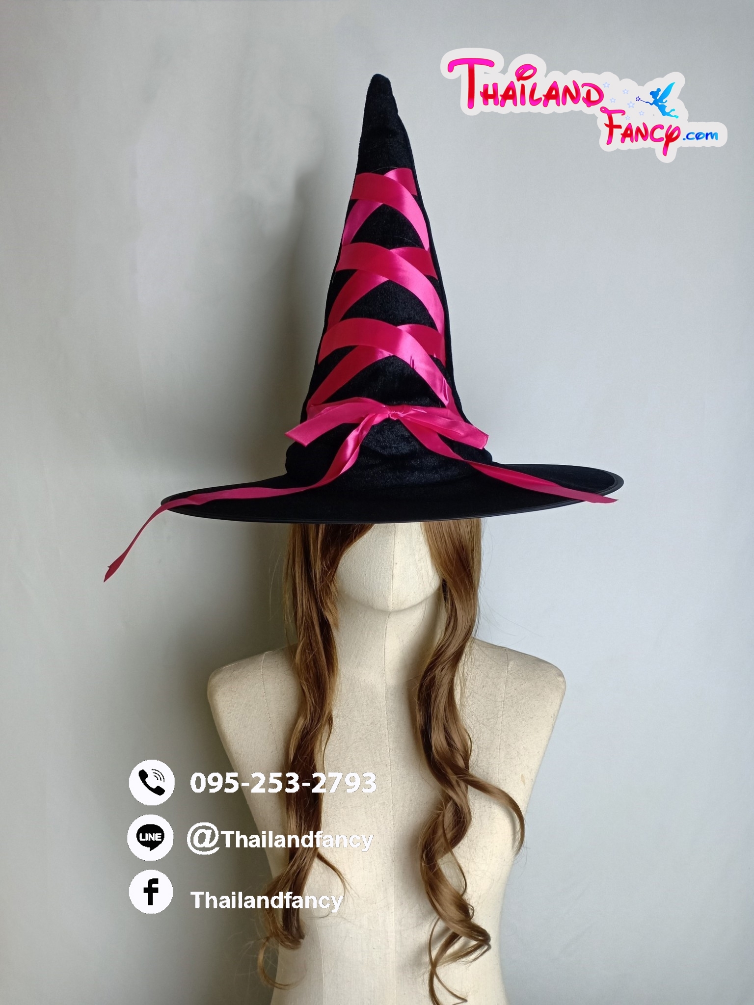 หมวกแฟนซี หมวกแม่มด หมวกคอสเพลย์ หมวกฮาโลวีน Halloween Costume หมวกแฟนซีผีแม่มดเนื้อกำมะหยี่ผูกโบว์