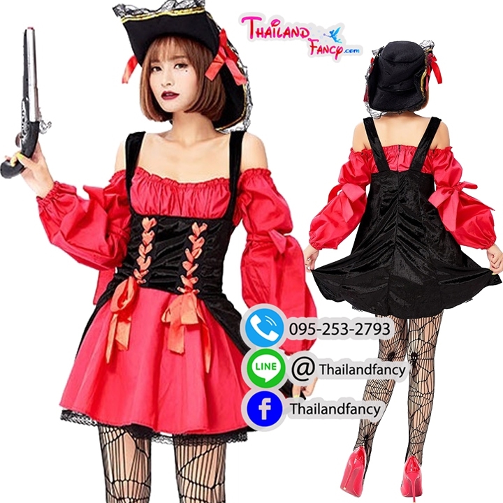 ชุดเช่าแฟนซีผู้หญิง ชุดโจรสลัด ชุดคู่แจ็คสแปร์โรว์ Pirate of the Caribbean Cosplay ชุดสาวโจรสลัดเดรสสั้นสีแดงแต่งดำแขนยาวไหล่ปาด