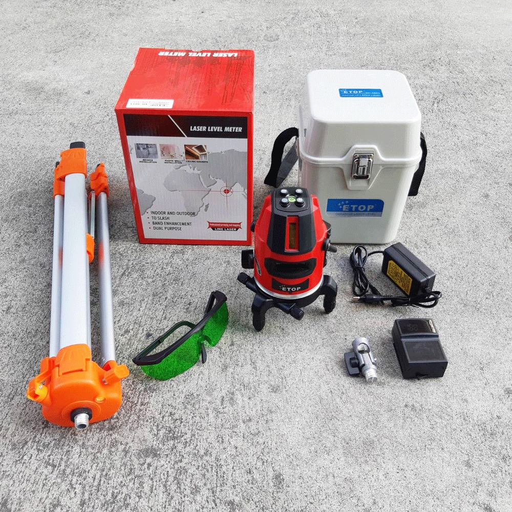 เครื่องวัดระดับเลเซอร์สีเขียว ETOP 5เส้น5สาย+ขาและอุปกรณ์ครบชุด