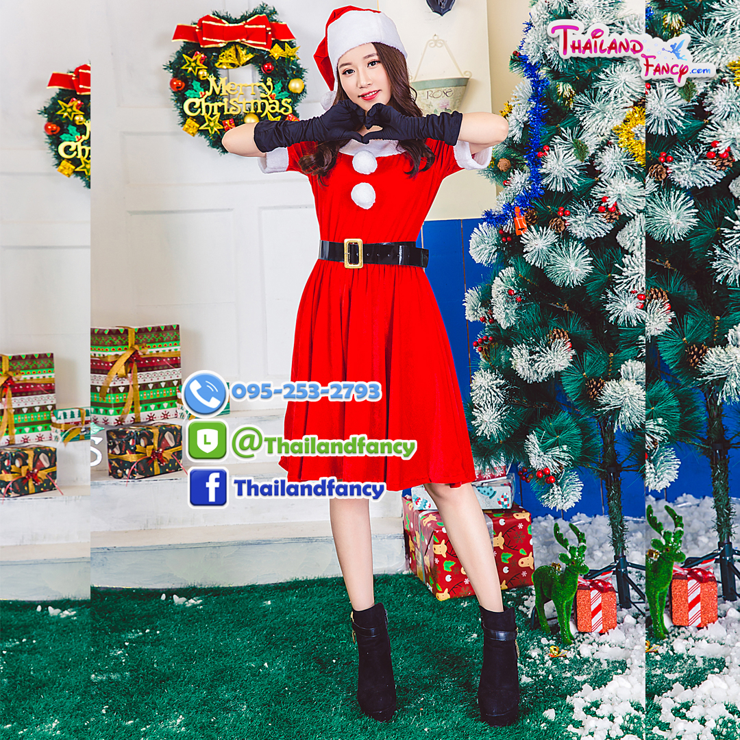 ชุดแซนตี้ ชุดพีอาร์ ชุดซานต้าผู้หญิง ชุดแฟนซีสีแดง ชุดคริสต์มาสผู้ใหญ่ ชุดงานปีใหม่ ชุดซานตารีน่า ชุดแซนตี้เดรสคอปาดถุงมือดำ