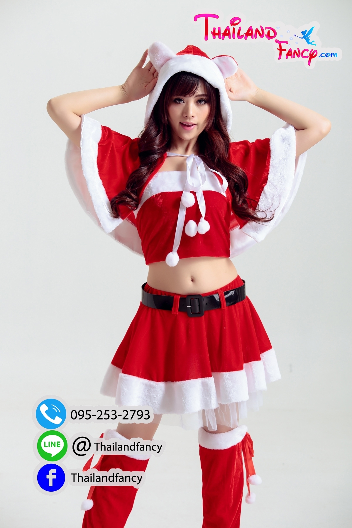 ชุดคริสต์มาสผู้หญิง ชุดซานตี้ผู้หญิง ชุดคอสเพลย์แซนตี้ ชุดซานตารีน่า ชุดแฟนซีปาร์ตี้ปีใหม่ ชุดแซนตี้เกาะอก กระโปรงบาน พร้อมผ้าคลุมฮู้ทหูหมี