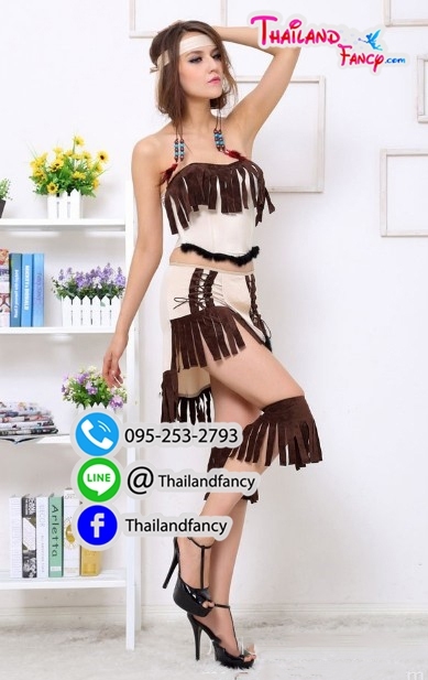 ชุดแฟนซีผู้หญิง ชุดสาวอินเดียแดง ชุดคนป่ายุคหิน ชุดชนเผ่า ชุดนักรบโบราณ ชุดนักรบหญิง ชุดอินเดียน่าเกิร์ล ชุดชนเผ่าอินเดียแดงสีครีมแต่งพู่น้ำตาล