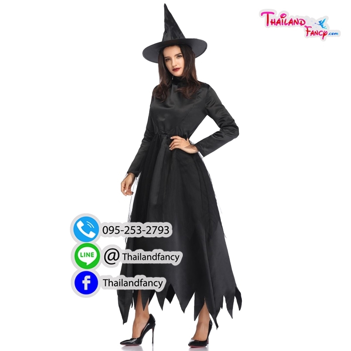 ชุดแฟนซีแม่มด ชุดแม่มอฮาโลวีน Witch Costume ชุดแม่มดผีซอมบี้ ชุดสาวจอมเวทย์ ชุดปีศาจสาว ชุดคุณหนูแม่มดดำสไตล์อังกฤษพร้อมหมวก