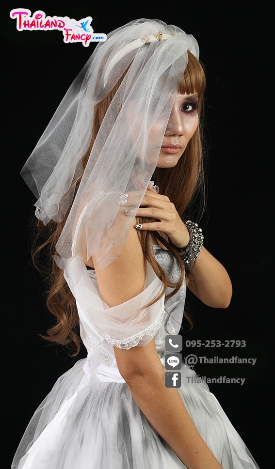 Cosplay Zombie ชุดแฟนซีผีเจ้าสาว ชุดฮาโลวีนซอมบี้ ชุดเจ้าสาวผี เดรสสายเดี่ยวโปรงฟคลุมฟู พร้อมเวลคลุมผมเจ้าสาว