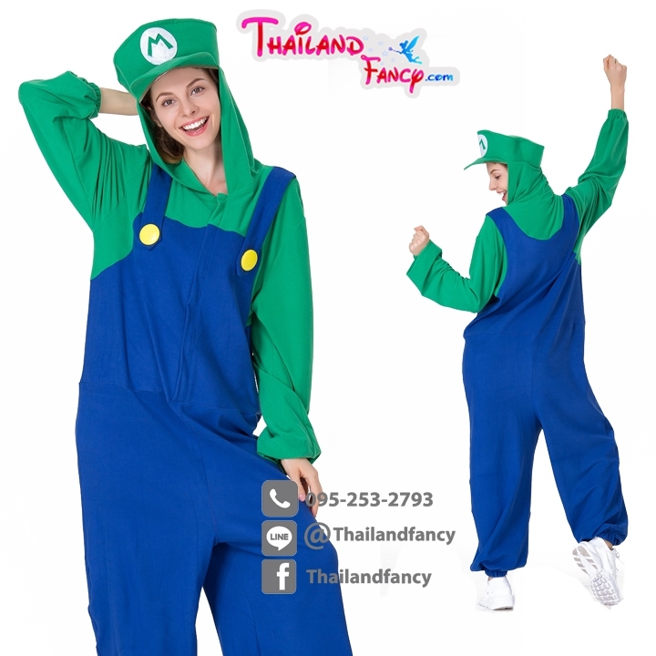 ชุดเช่าแฟนซีผู้หญิง Cosplay Super Mario ชุดมาริโอ้และผองเพื่อน ชุดการ์ตูนหลุยส์ผู้ใหญ่ชายหญิงสีเขียส-น้ำเงิน แบบมีฮู้ดคลุมผม