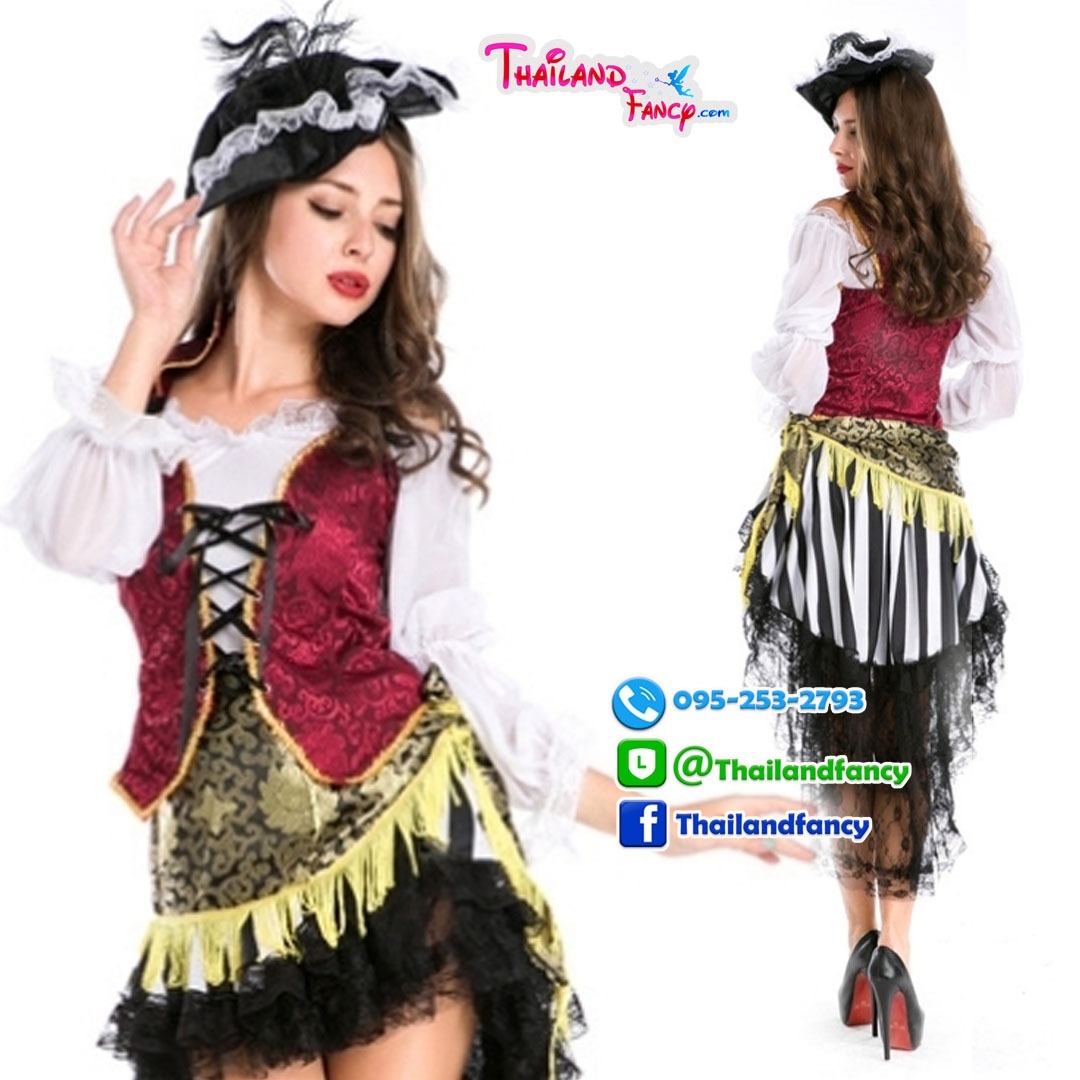 ชุดเช่าแฟนซีผู้หญิง (ชุดเช่า) ชุดเช่าโจรสลัดสาว ชุดเช่าแจ๊คสแปร์โรว์หญิง Pirate of the Caribbean Cosplay ชุดโจรสลัดสาวกั๊กแดงกระโปรงระย้า