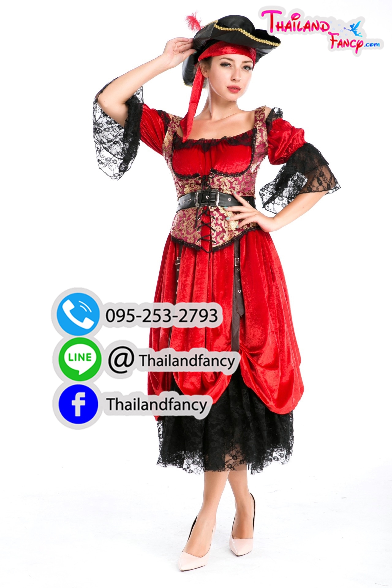 ชุดเช่าแฟนซีผู้หญิง ชุดเช่าสาวโจรสลัด ชุดเช่ากัปตันแจ๊คสแปร์โรว์ Pirate of the Caribbean Cosplay ชุดเดรสโจรสลัดสาวดำแดงแบบเอี๊ยมใต้อก