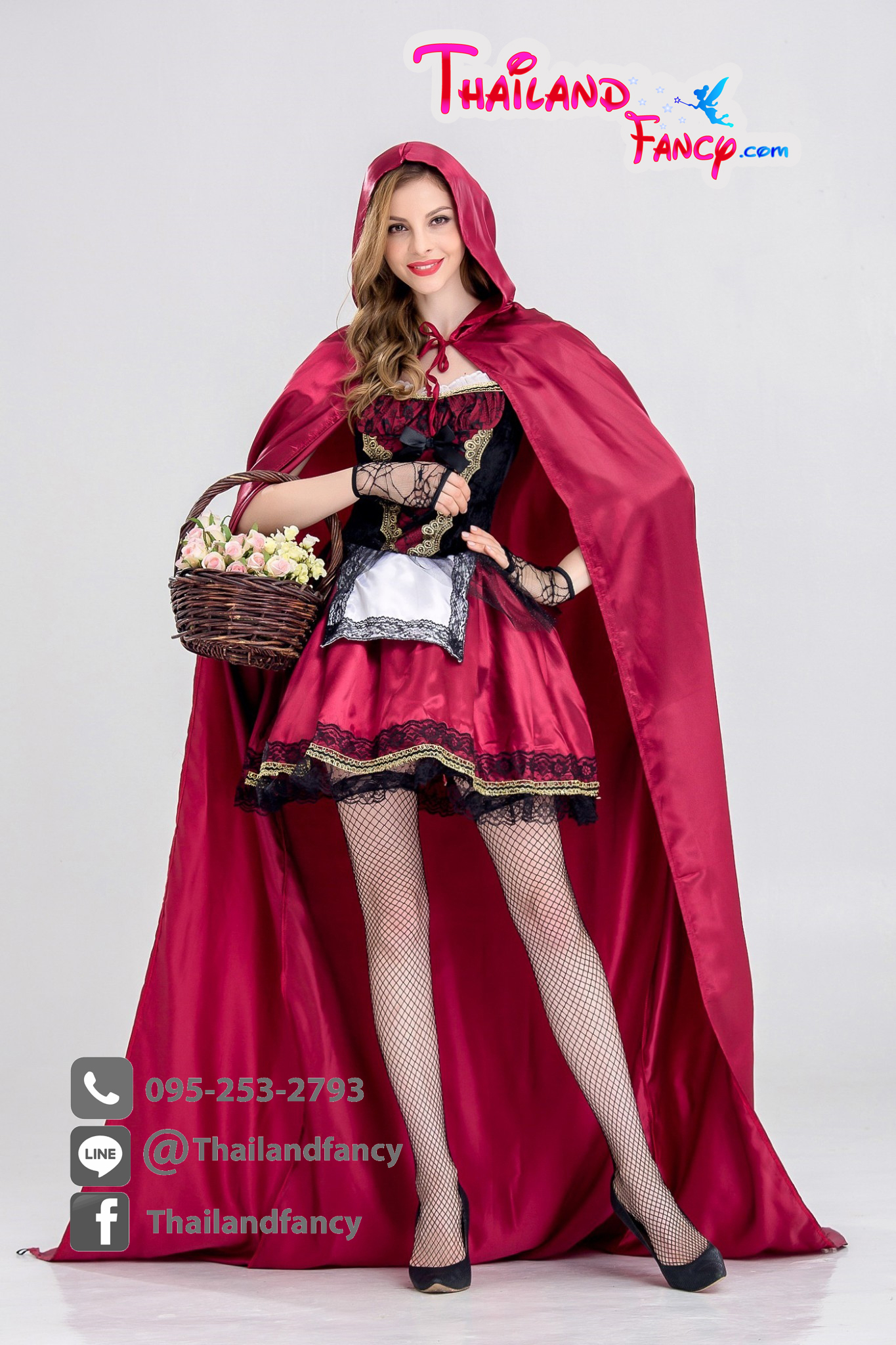 ชุดแฟนซี ชุดคอสเพลย์ ชุดการ์ตูนเจ้าหญิง ชุดเมด Maid ชุดคู่หมาป่า ชุดหนูน้อยหมวกแดง เดรสสั้นสีแดงแต่งดำทอง มีผ้าคลุมยาวเข้าเซ็ท