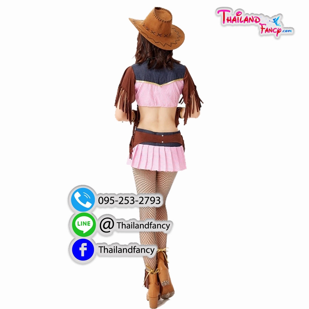 ชุดคาวเกิร์ล ชุดอินเดียแดง ชุดคาวบอยผู้หญิง ชุดแฟนซีคาวเกิร์ลโบฮีเมียน เซ็ทเสื้อกั๊กผูกเอวลายสก็อตชมพูพร้อมกระโปรงและหมวก