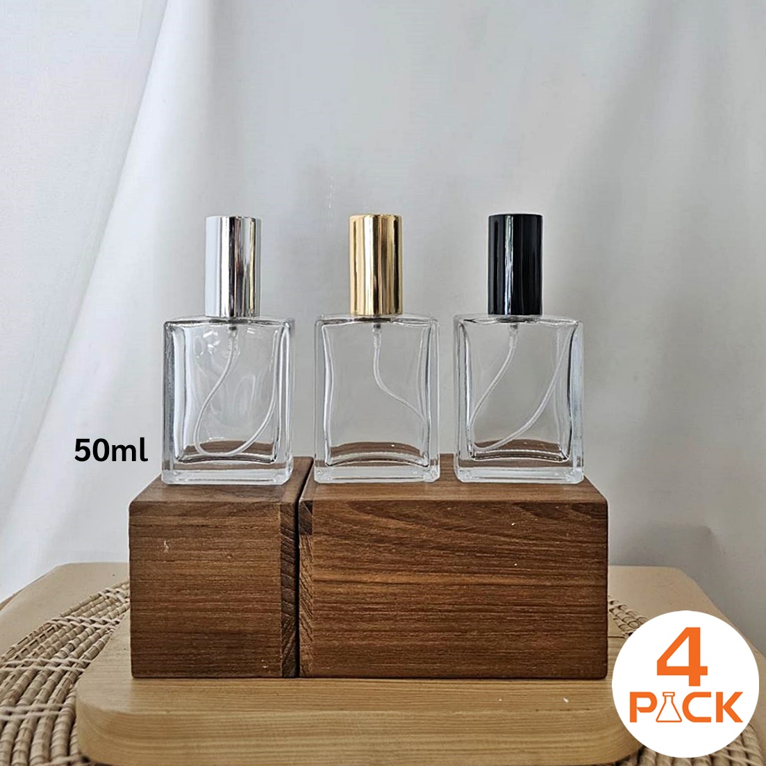 (กล่องละ 120ใบ)ขวดแก้ว50ml ทรงแบน +ฝาสเปรย์ เงิน/ทอง/ดำ