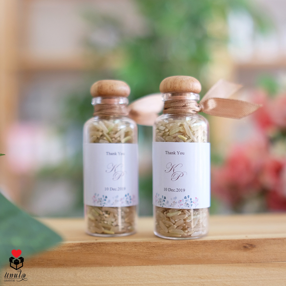 ของชำร่วยงานแต่ง ข้าวกล้อง ข้าวไรซ์เบอรี่ ในขวดแก้ว จุกไม้ ความหมายดี เป็นสิริมงคล กลิ่นหอม แฮนเมด