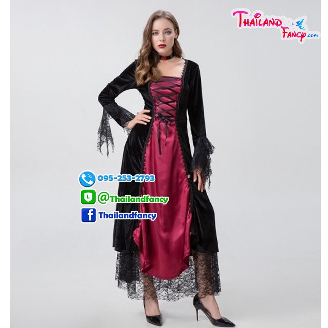 ชุดแฟนซีแม่มดสีแดงดำ Witch Cosplay ชุดแม่มดฮาโลวีน2022 ชุดผีสาวซอมบี้ ชุดสาวไสยเวทย์ ชุดแวมไพร์สาวสีแดงดำแต่งลูกไม้ปลายแขน