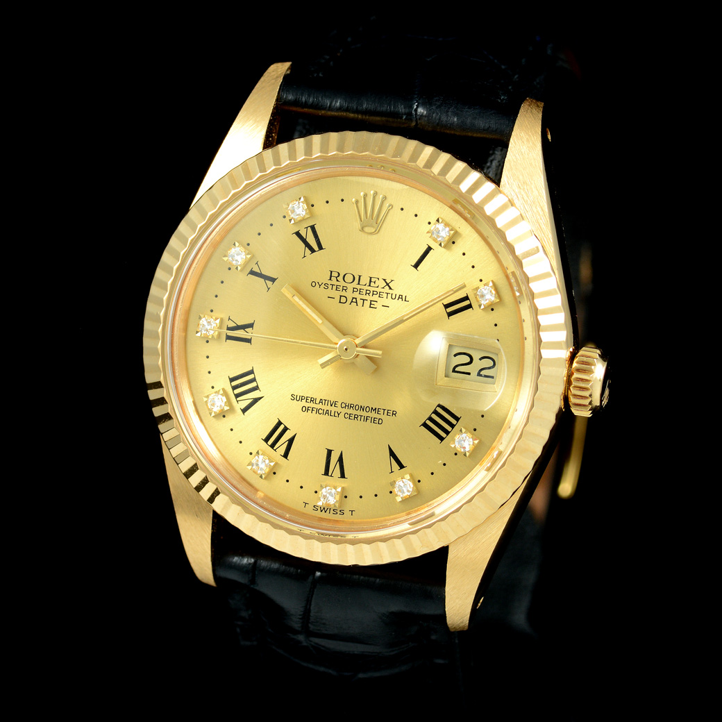 Rolex Date Ref.15038 หน้าปัดสีทอง หลักชั่วโมงเลขโรมันหลักเพชร ตัวเรือนทองคำ18K ก้นเขียว นาฬิกาปี1986 Automatic ขนาด 34 mm