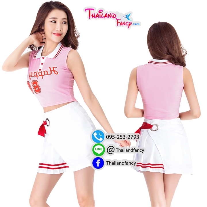 ชุดแฟนซีเชียร์กีฬา ชุดปอมปอมกีฬาสี ชุดเชียร์ลีดเดอร์ Cheerleader Cosplay ชุดปอมปอมเชียร์ ชุดปาร์ตี้บริษัท ชุดคอสเพลย์กีฬาสีออฟฟิศ เสื้อสีชมพูแขนกุดกระโปรงขาวผูกโบว์แดง