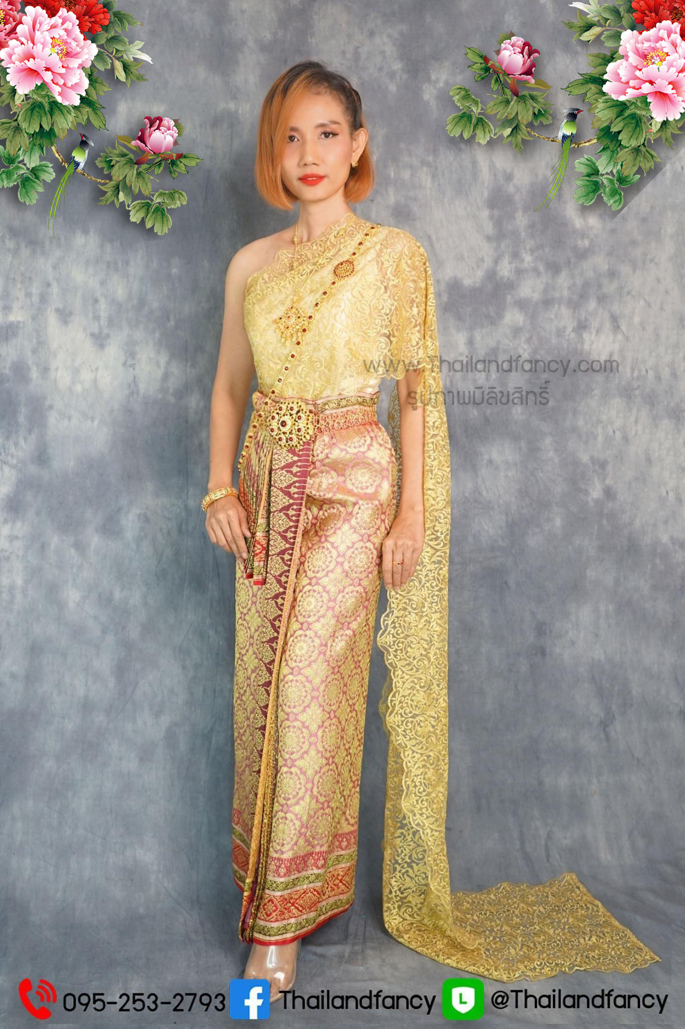 ชุดไทยจักรี ชุดไทยย้อนยุค ชุดไทยประยุกต์ ชุดไทยแต่งงาน ชุดไทยพรหมลิขิต ชุดไทยเจ้าสาวสไบลูกไม้สีทองกับผ้าถุงผ้าไหมจีบหน้านางลายไทยเสมือนนุ่งสด