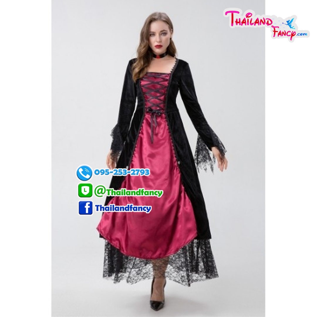 ชุดแฟนซีแม่มดสีแดงดำ Witch Cosplay ชุดแม่มดฮาโลวีน2022 ชุดผีสาวซอมบี้ ชุดสาวไสยเวทย์ ชุดแวมไพร์สาวสีแดงดำแต่งลูกไม้ปลายแขน