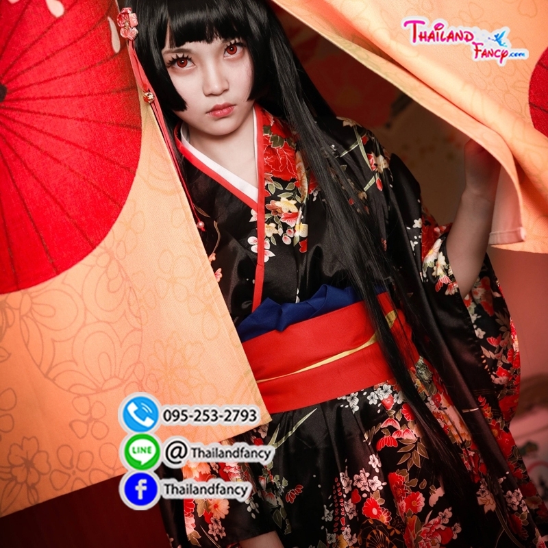 ชุดเช่าแฟนซีผู้หญิง Enma Ai Anime Cosplay ชุดแฟนซีการ์ตูนอะนิเมะญี่ปุ่น Japaness Hell Girl ชุดกิโมโนญี่ปุ่นสีดำลายแดงโอบิแดง