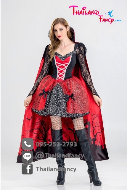 ชุดแฟนซีแวมไพร์ ชุดคอสเพลย์แวมไพร์ ชุดแวมไพร์หญิง ชุดสาวแวมไพร์ ชุดแดร็กคูล่าหญิง ชุดสาวแดร็กคูล่า ชุดฮาโลวีน ชุดผีดิบ ชุดผีแดร็กคูล่าดำแดง พร้อมผ้าคลุมหลัง