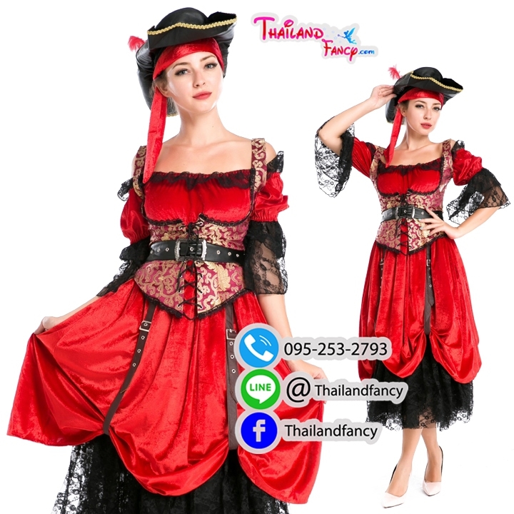 ชุดเช่าแฟนซีผู้หญิง ชุดเช่าสาวโจรสลัด ชุดเช่ากัปตันแจ๊คสแปร์โรว์ Pirate of the Caribbean Cosplay ชุดเดรสโจรสลัดสาวดำแดงแบบเอี๊ยมใต้อก