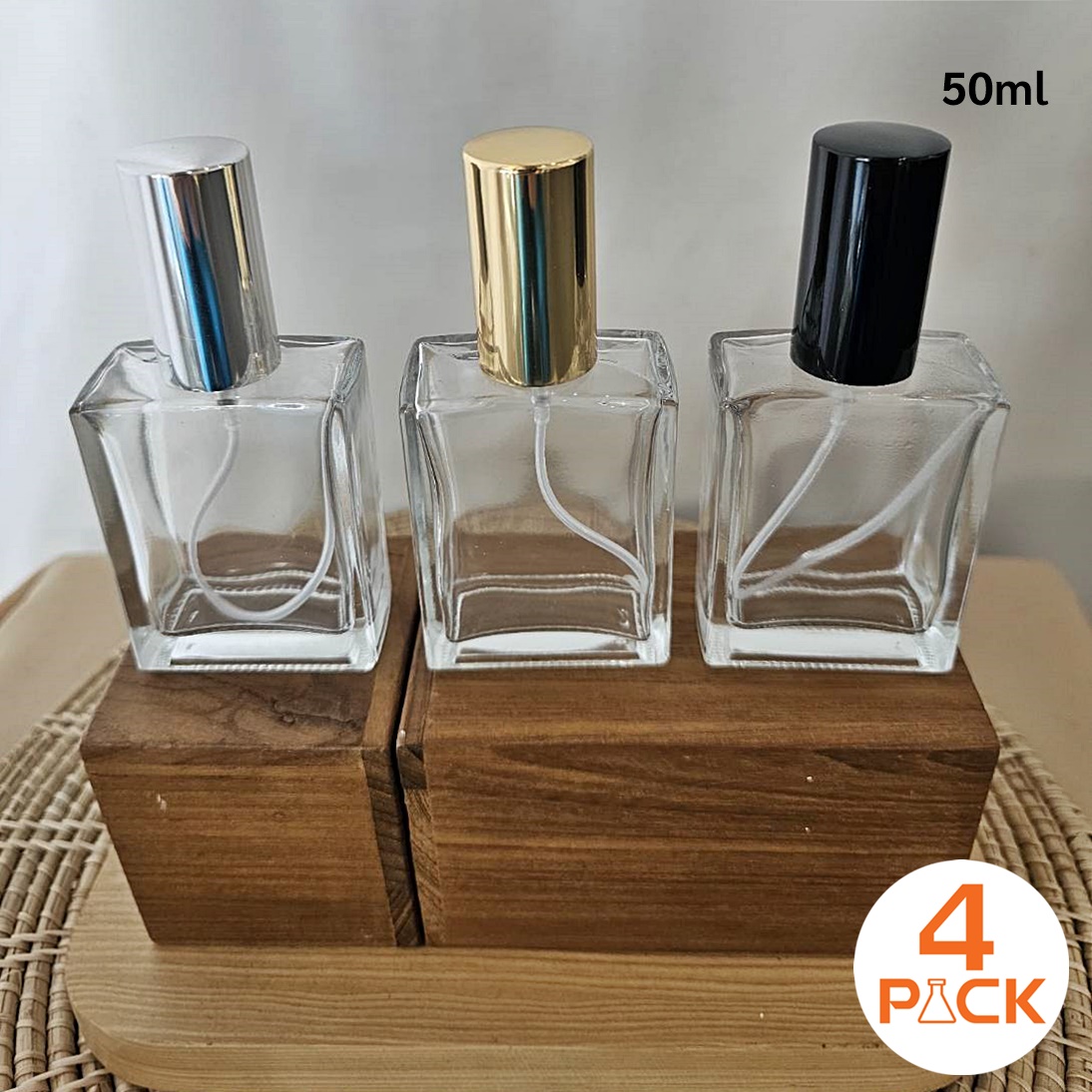 (กล่องละ 120ใบ)ขวดแก้ว50ml ทรงแบน +ฝาสเปรย์ เงิน/ทอง/ดำ