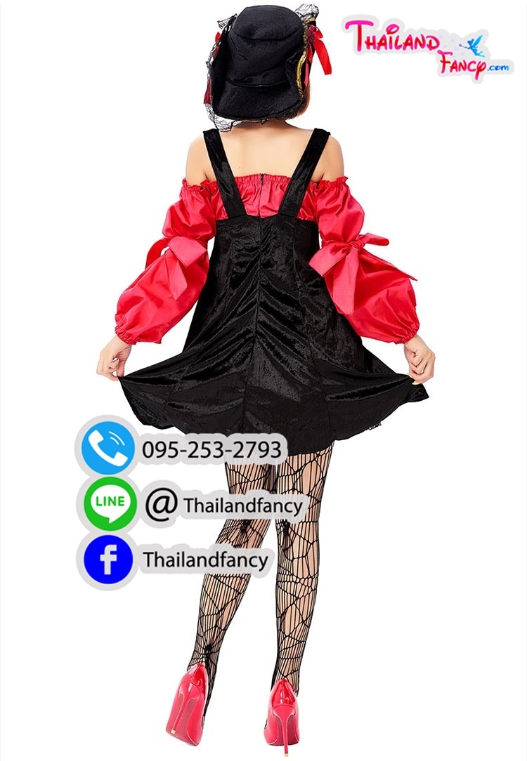 ชุดเช่าแฟนซีผู้หญิง ชุดโจรสลัด ชุดคู่แจ็คสแปร์โรว์ Pirate of the Caribbean Cosplay ชุดสาวโจรสลัดเดรสสั้นสีแดงแต่งดำแขนยาวไหล่ปาด