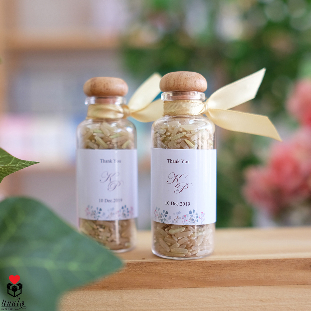 ของชำร่วยงานแต่ง ข้าวกล้อง ข้าวไรซ์เบอรี่ ในขวดแก้ว จุกไม้ ความหมายดี เป็นสิริมงคล กลิ่นหอม แฮนเมด