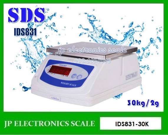 เครื่องชั่งกันน้ำ30กิโลกรัม ตาชั่งกันน้ำ30kg เครื่องชั่งดิจิตอลกันน้ำ30กิโลกรัม เครื่องชั่งดิจิตอล30กิโลกรัม เครื่องชั่งกันน้ำกันความชื้น30kg เครื่องชั่งสแตนเลส30kg เครื่องชั่งน้ำหนักดิจิตอล30kg ค่าละเอียด5g ยี่ห้อ SDS รุ่น IDS831 SERIES ขนาดถาด 200*230mm