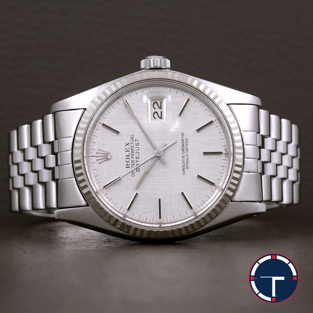 Rolex Datejust Ref.16014 Silver Linen Dial หน้าปัดลายผ้าสีเงิน ขอบหยักทองคำขาว สายจูบิรี่แท้ นาฬิกาปี1985 Automatic ขนาด 36 mm