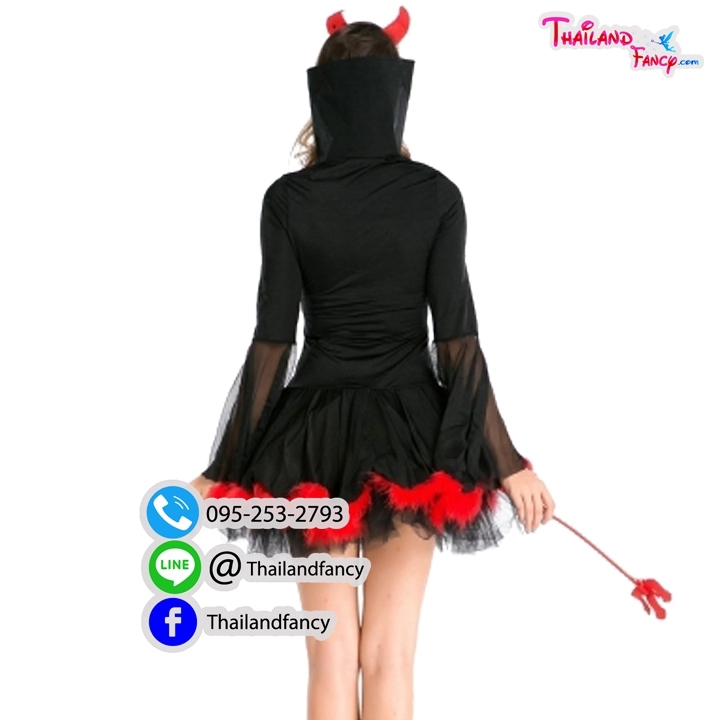 ชุดแฟนซีแวมไพร์ ชุดคอสเพลย์แวมไพร์ ชุดแม่มดเดวิล ชุดซอมบี้ผู้หญิง ชุดฮาโลวีน Devil Girl Costume ชุดปีศาจสาว ชุดสาวเดวิลสีดำปกคอตั้งแต่งขนมิงค์สีแดง