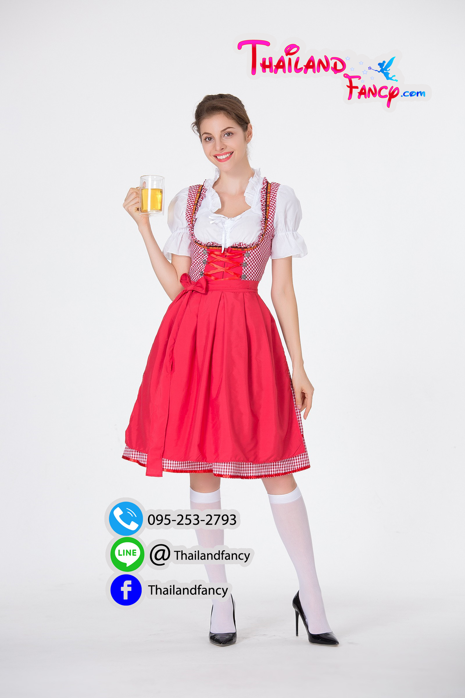 ชุดแฟนซีบาวาเรีย ชุดคอสเพลย์ ชุดเบียร์เยอรมัน Oktoberfest Costume ชุดเมดแม่บ้าน ชุดเทศกาลเบียร์ลายสก็อตสีขาวแดง