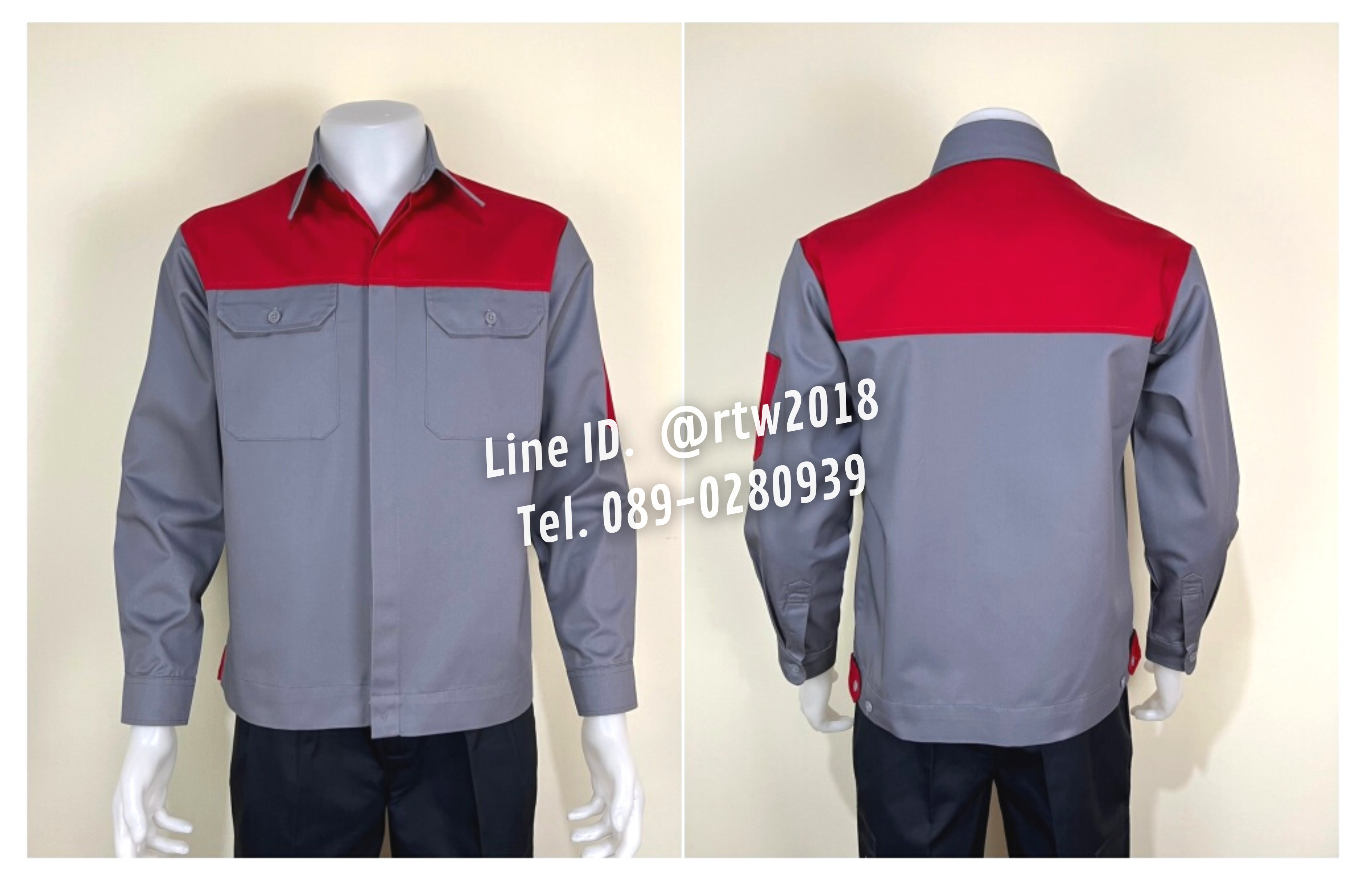 รหัส AB2.8 : เสื้อช่างแขนยาวผ้าคอมทวิวเทาอกแดง (ซ่อนสาบ)