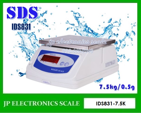 เครื่องชั่งกันน้ำ7.5กิโลกรัม ตาชั่งกันน้ำ7.5kg เครื่องชั่งดิจิตอลกันน้ำ7.5กิโลกรัม เครื่องชั่งดิจิตอล7.5กิโลกรัม เครื่องชั่งกันน้ำกันความชื้น7.5kg เครื่องชั่งสแตนเลส7.5kg เครื่องชั่งน้ำหนักดิจิตอล7.5kg ค่าละเอียด1g ยี่ห้อ SDS รุ่น IDS831 SERIES ขนาดถาด