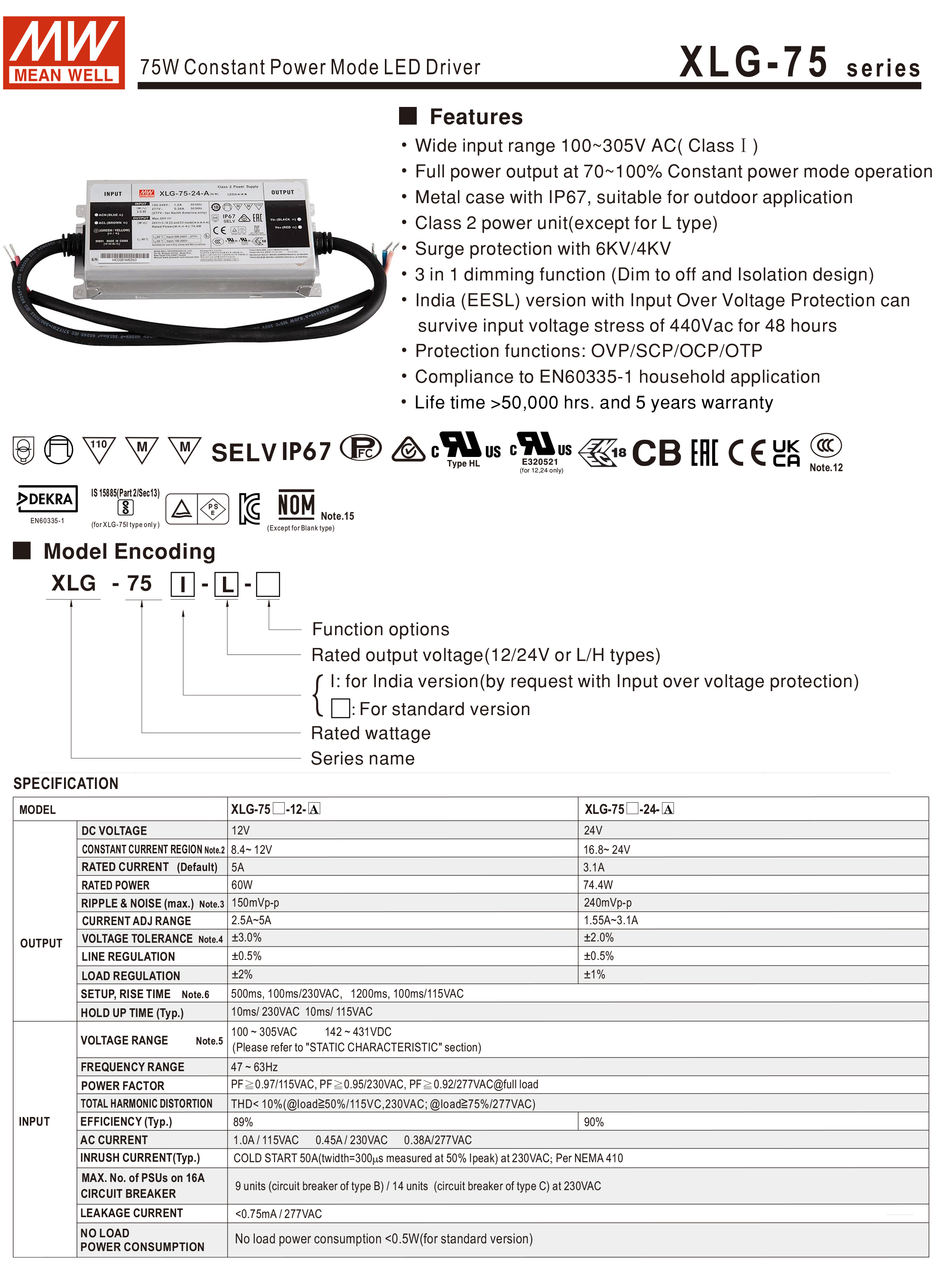 หม้อแปลง Constant Power LED Driver IP67 XLG series Meanwell 74W 12 / 24Vdc